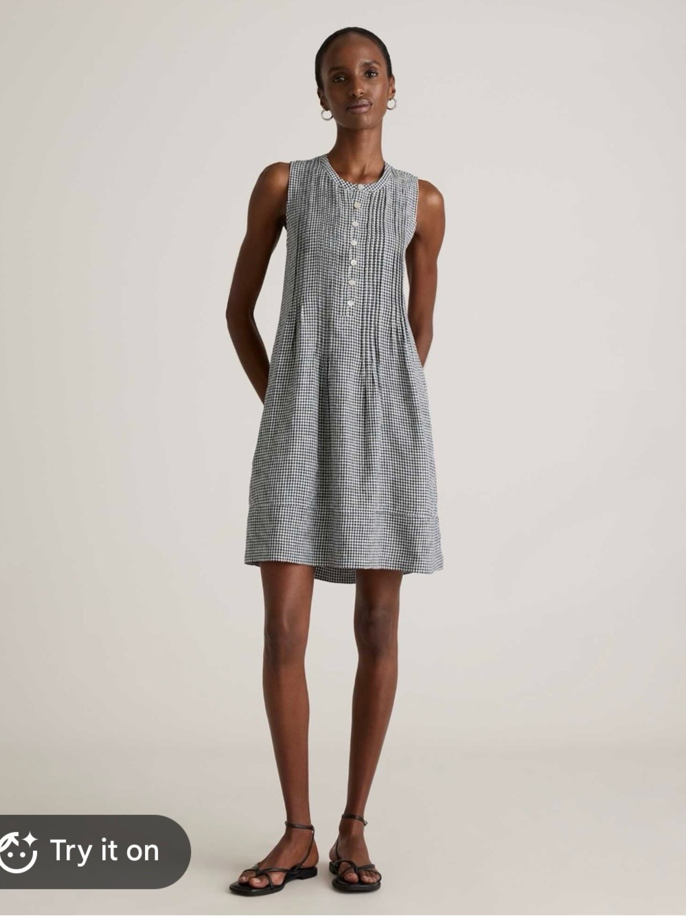 Quince 100% European linen sleeveless swing dress mini gingham size M